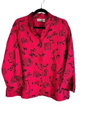 Vintage Chicos Crinkle Asian Shirt Red XL Artsy Mandarin Festive Holiday Chic